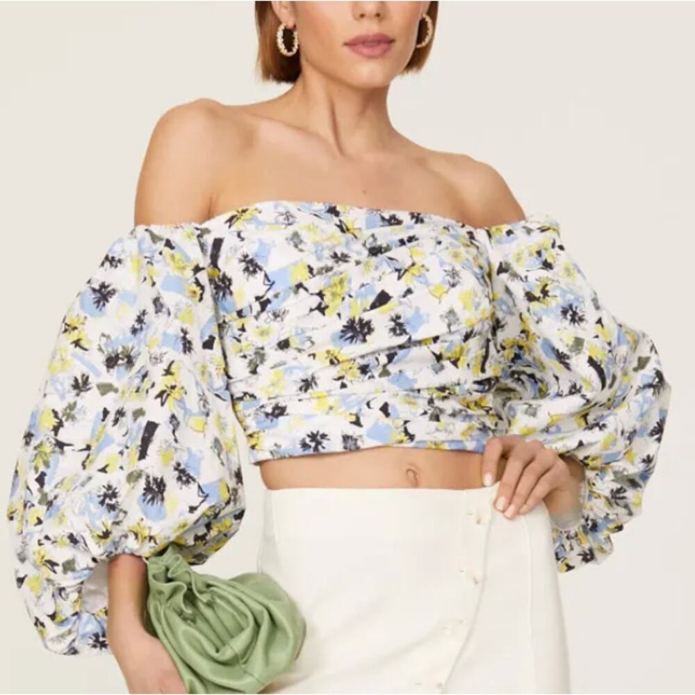 Tanya Taylor Floral Peasant Crop Top SIZE 4 Smocked Bustier Cottage Cotton $325